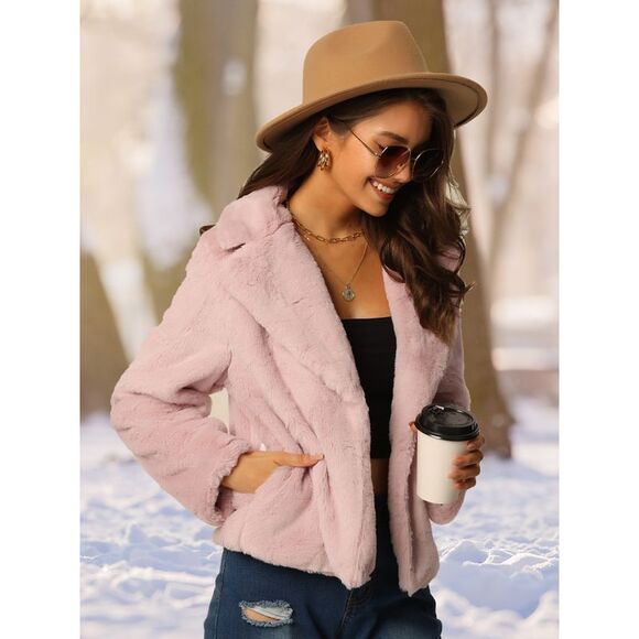 Winter Cropped Notch Lapel Long Sleeve Faux Fur Fluffy Coat Dusty Pink - Picture 3 of 6